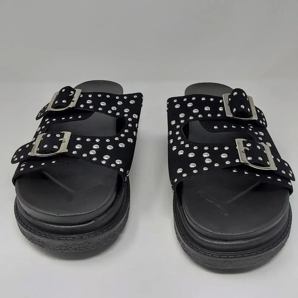 Women's Black Studded Double Buckle Platform Slide Sandals US 10.5 EU 41 New